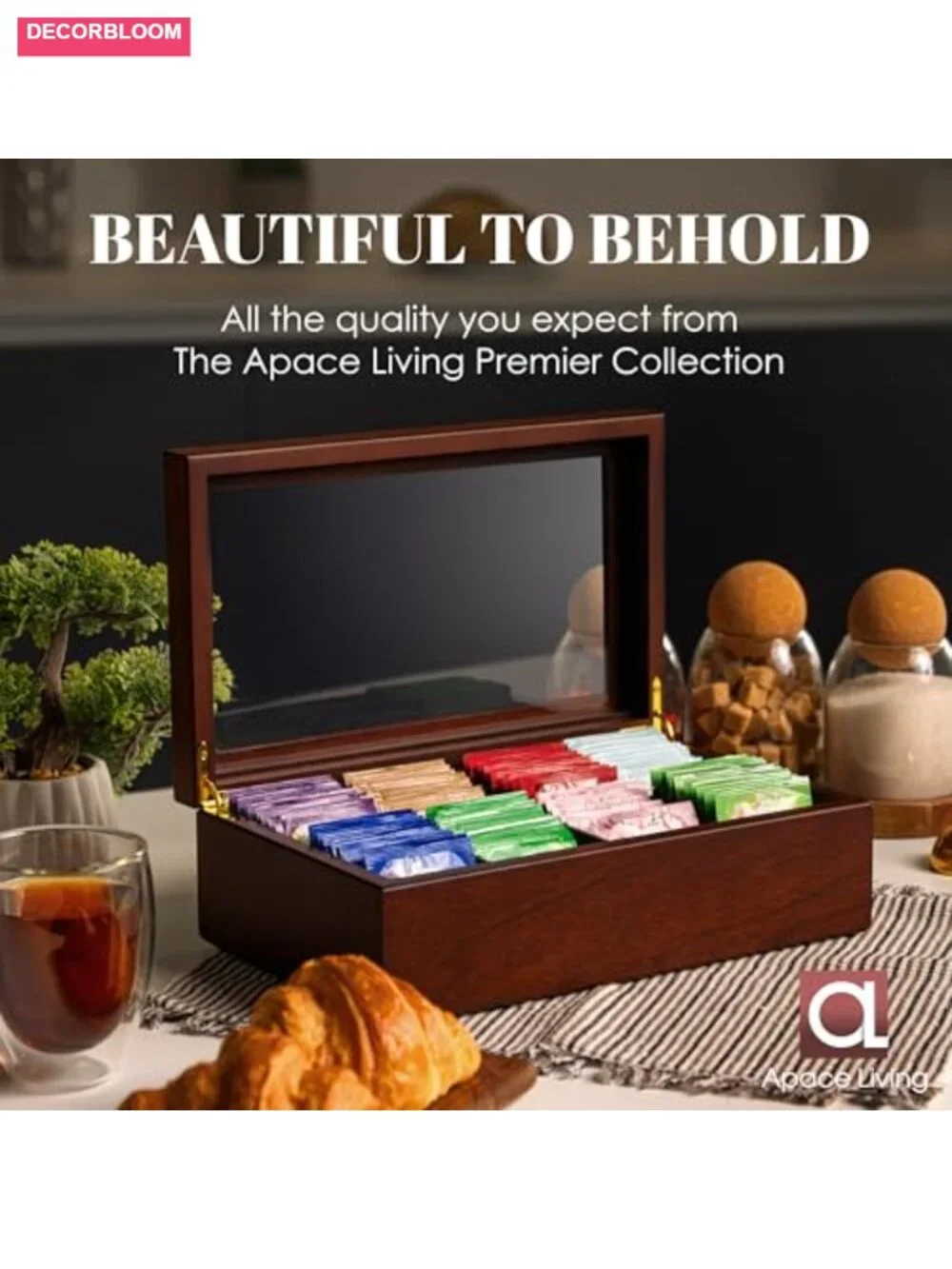 Luxury Wooden Tea Bag Organizer Storage Chest - 8 Compartments